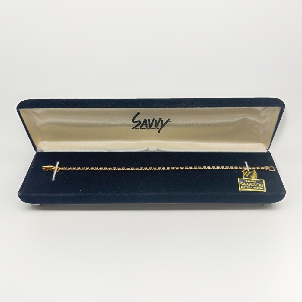 Vintage Swarovski Crystal Tennis Bracelet by Savvy With Box Dainty Gold Tone 7